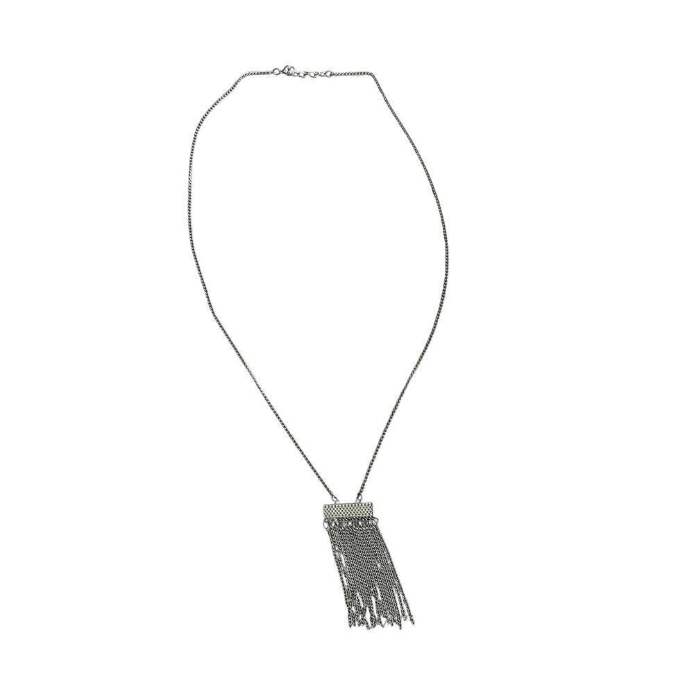 Fringe Crystal Rhinestone Tassel Chain Pendant Necklace Silver Tone 17.5" Long
